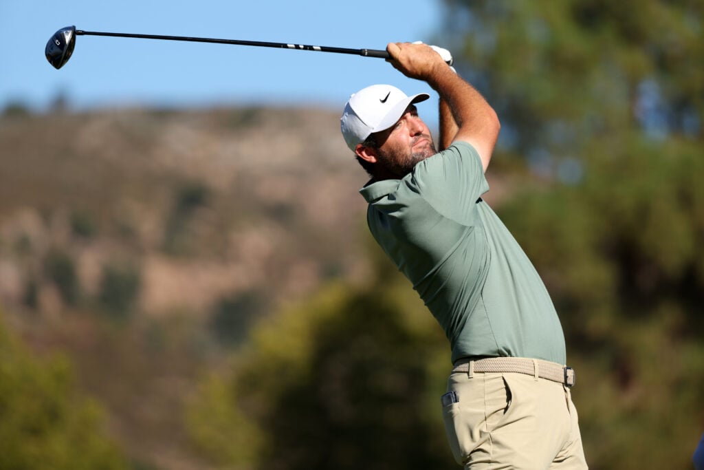Scottie Scheffler hits a tee shot during round 4 of the Procore Championship
