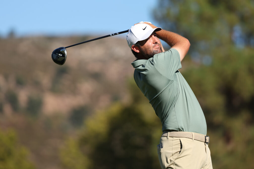 Scottie Scheffler plays his shot from the 15th tee during the final round of the Procore Championship 2025 at Silverado Resort