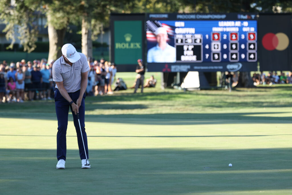 Ben Griffin misses a birdie putt to force a playoff at the Procore Championship at Silverado