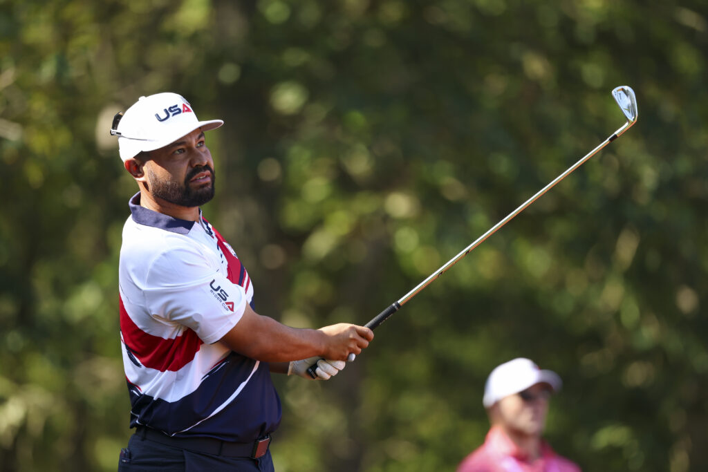 J.J. Spaun hits a tee shot in a practice round at the Ryder Cup