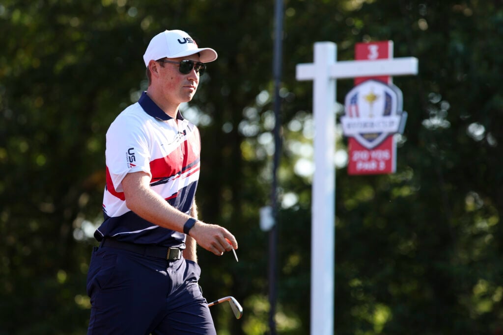 Ben Griffin on the third hole tee box during the 2025 Ryder Cup Practice Round at Bethpage