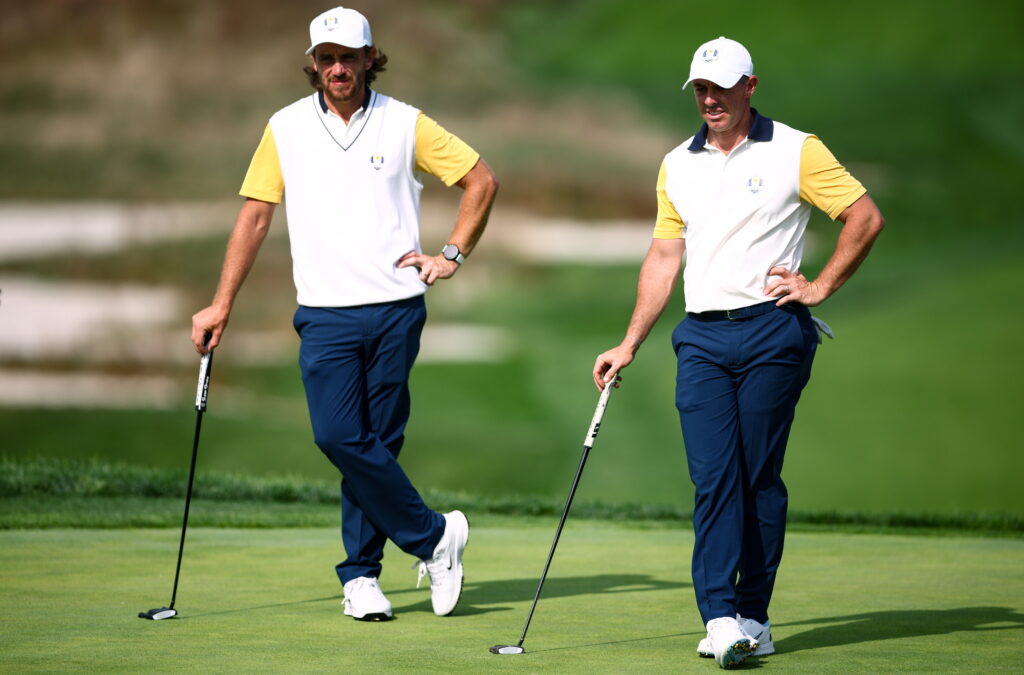 Tommy Fleetwood, left, and Rory McIlroy of Europe during a practice round before the 2025 Ryder Cup