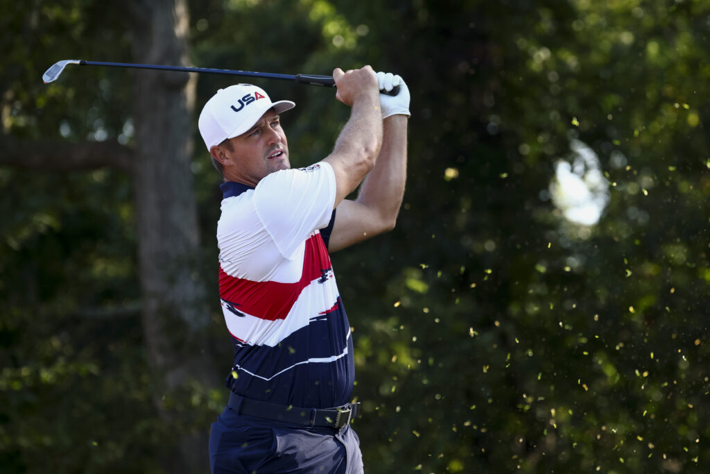 Bryson DeChambeau hits a tee shot in a practice round ahead of the Ryder Cup