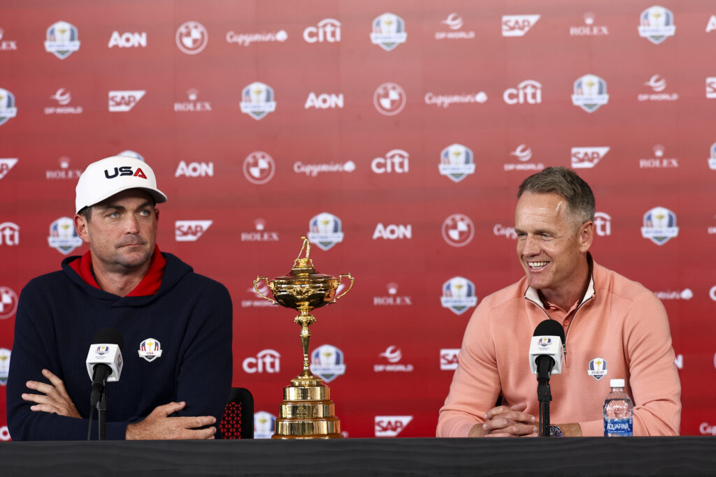 Keegan Bradley and Luke Donald speak in a press conference prior to the 2025 Ryder Cup at Bethpage Black