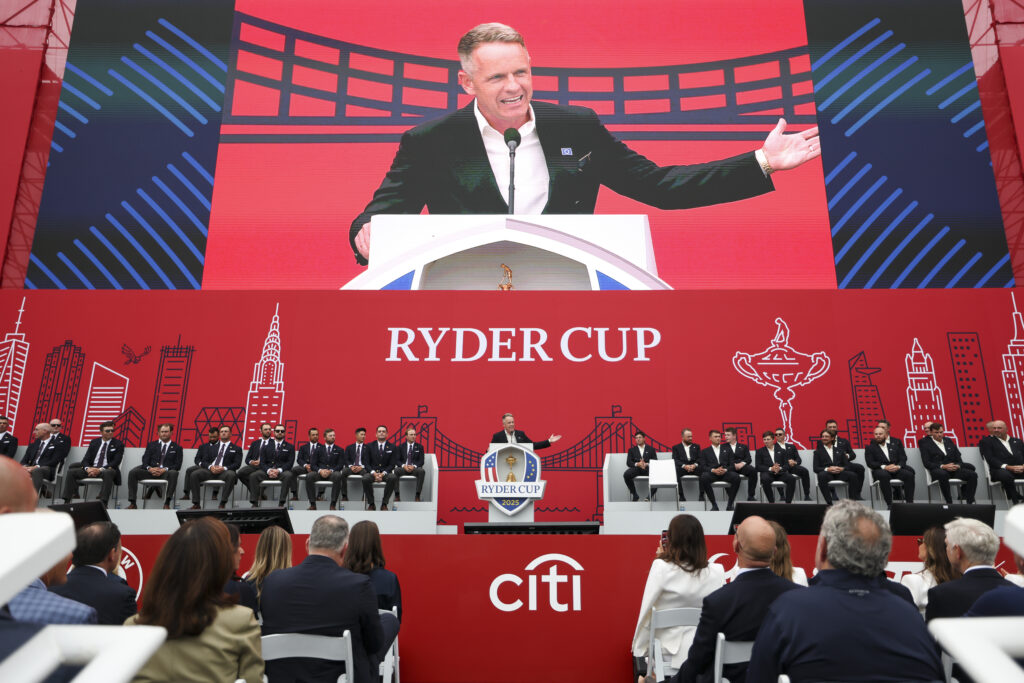 Luke Donald speaks in the opening ceremony ahead of the Ryder Cup