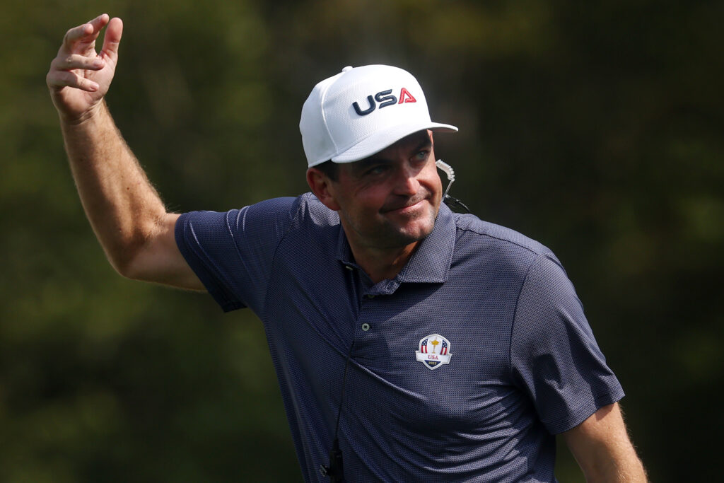 Keegan Bradley acknowledges the crowd during a practice day ahead of the Ryder Cup