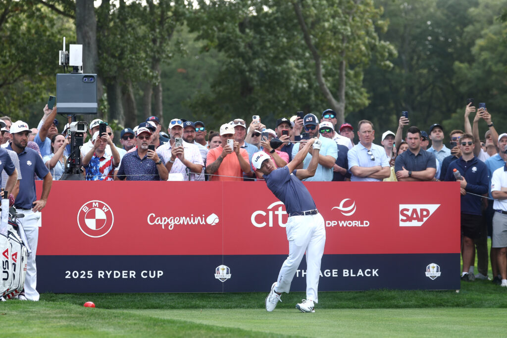 Collin Morikawa hits a tee shot in a practice round ahead of the Ryder Cup at Bethpage