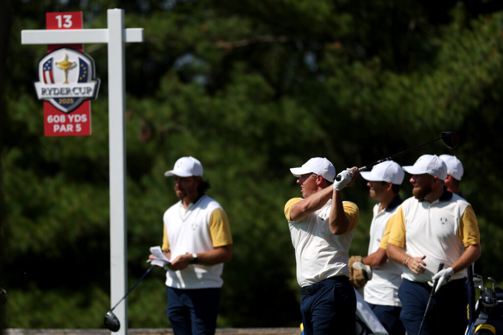 Rory McIlroy plays a shot from the 13th tee in a practice round prior to the 2025 Ryder Cup.