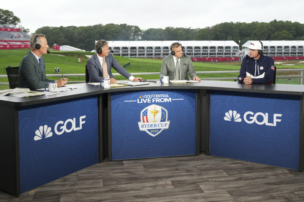 Rich Lerner, Brandel Chamblee, and Paul McGinley with Keegan Bradley prior to the 2025 Ryder Cup at Bethpage Black