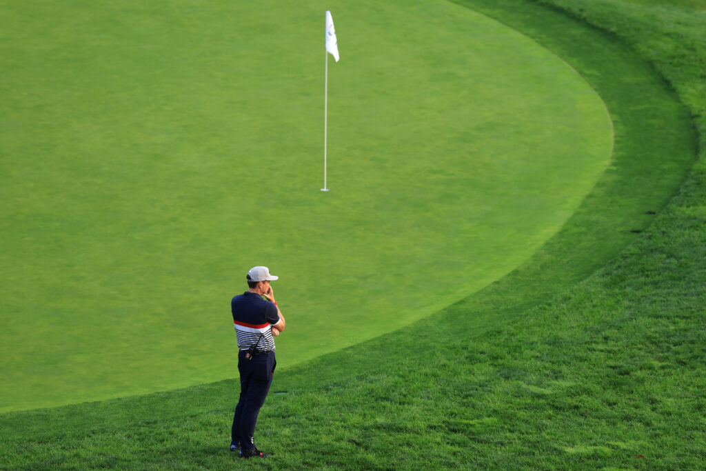 Keegan Bradley looks on during the Friday morning session at the Ryder Cup