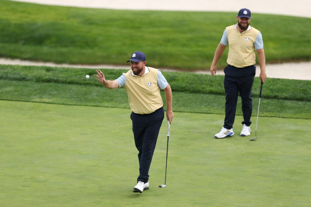 Shane Lowry and Tyrrell Hatton during a practice round at Bethpage ahead of the Ryder Cup