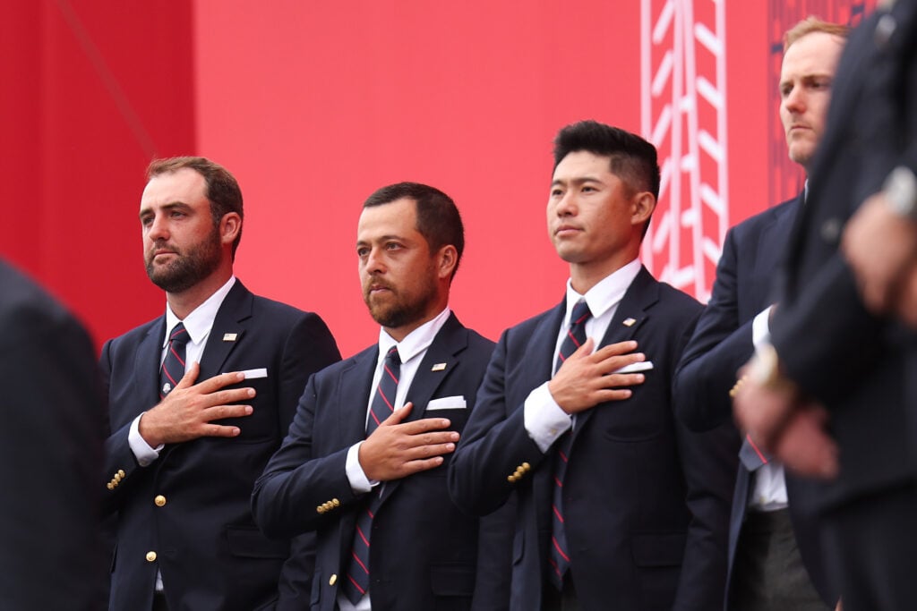 Scottie Scheffler, Xander Schauffe, Collin Morikawa and Russell Henley stand during the opening ceremony for the 2025 Ryder Cup at Bethpage Black