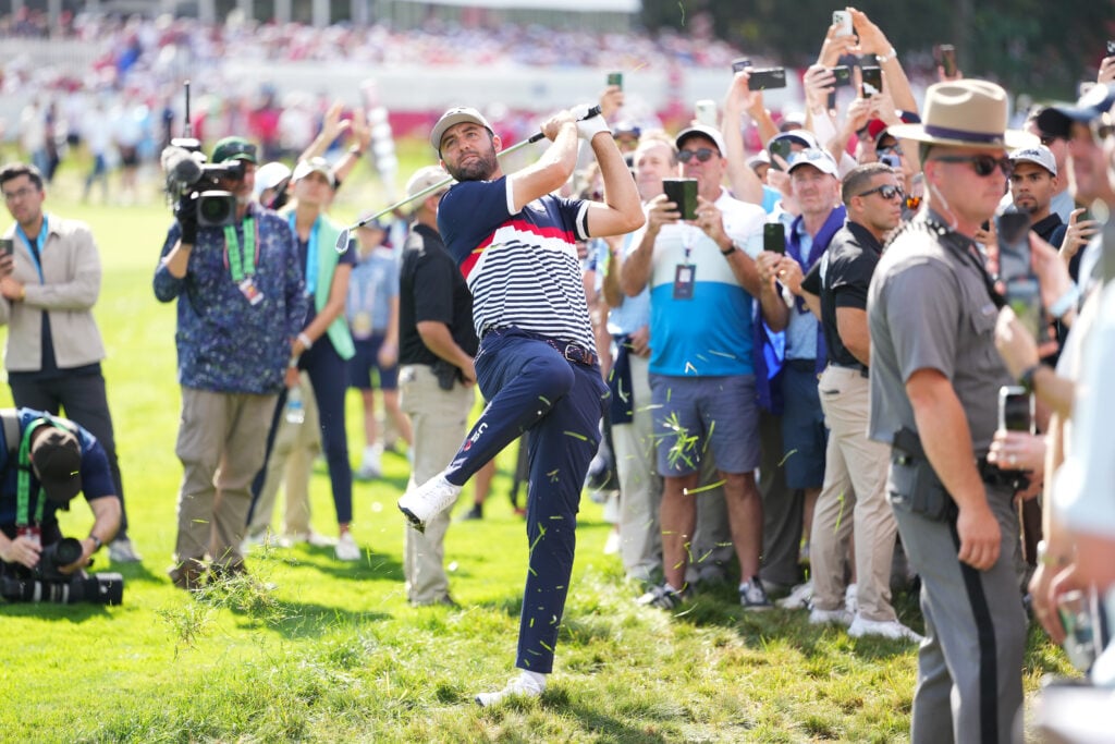Scottie Scheffler of Team United States plays a shot from the rough at the 2025 Ryder Cup.