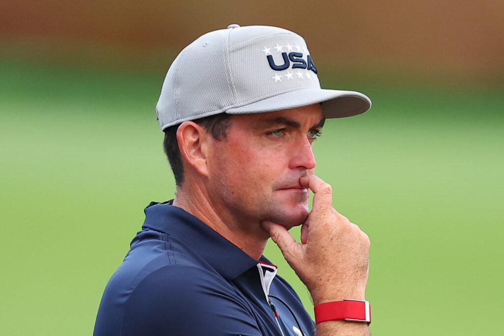 Keegan Bradley Captain of Team USA at the first tee at the 2025 Ryder Cup.