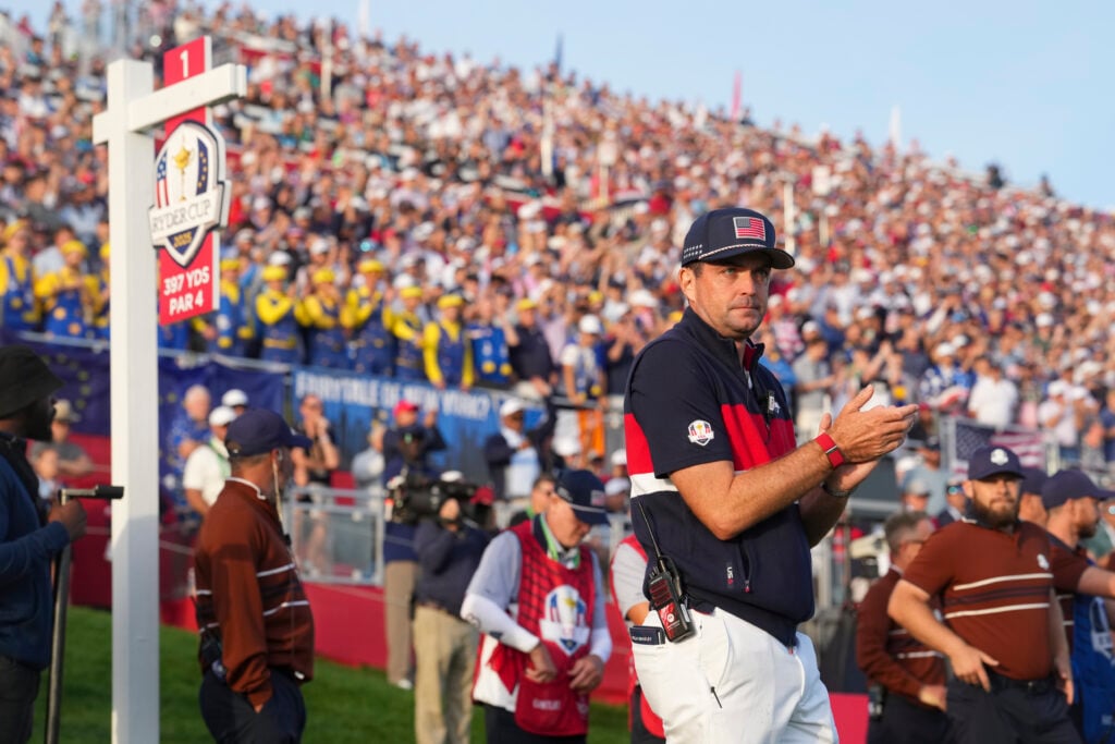 Team United States Captain Keegan Bradley on the first tee at the 2025 Ryder Cup.