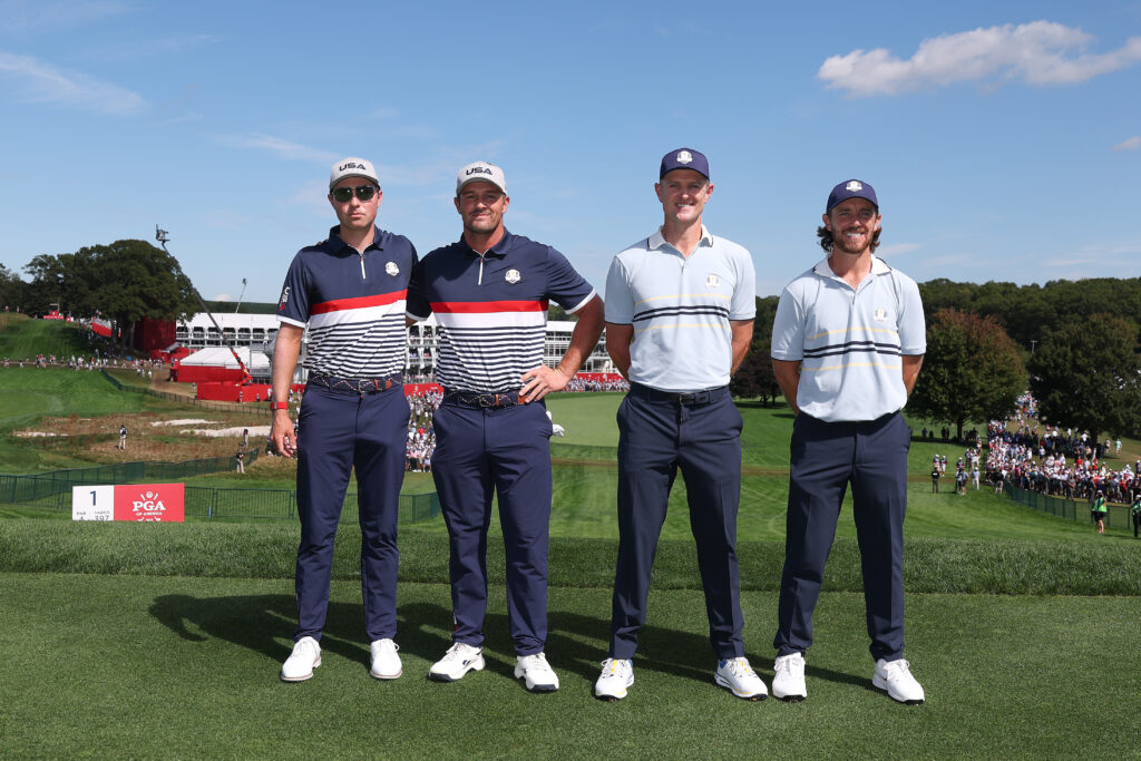 Ben Griffin, Bryson DeChambeau, Justin Rose and Tommy Fleetwood on the first tee before their match on Friday afternoon at the Ryder Cup