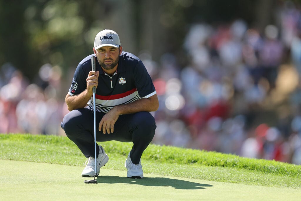 Scottie Scheffler of Team United States looks over a putt at the 2025 Ryder Cup.