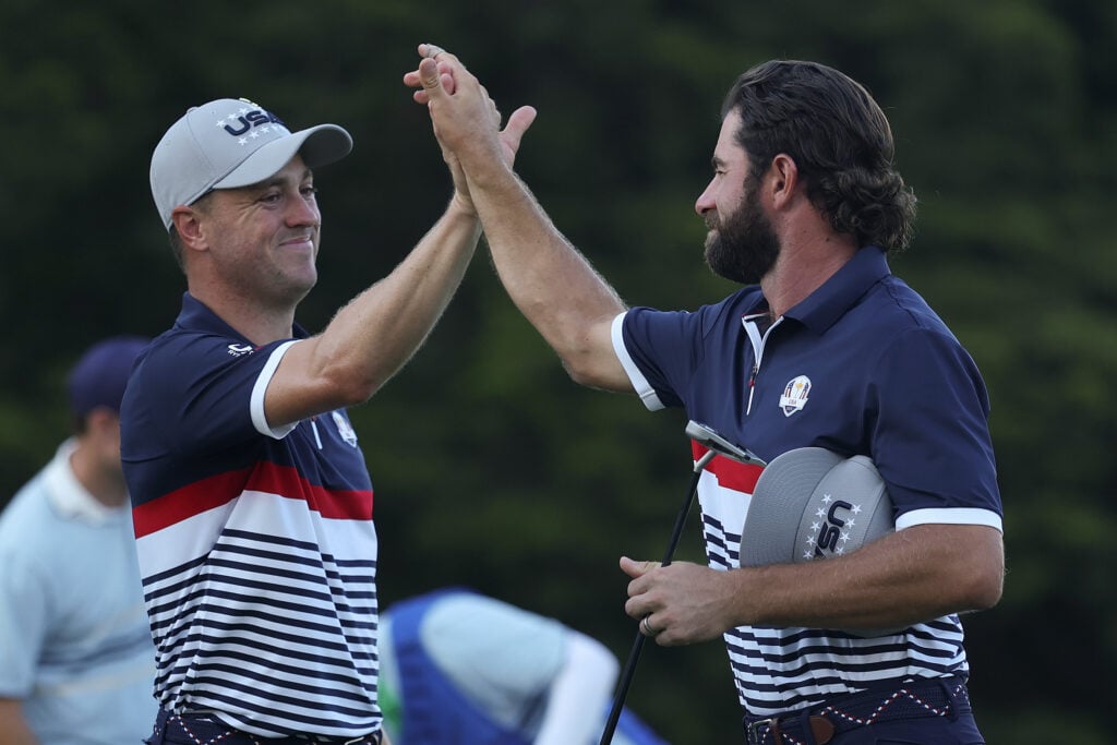 Justin Thomas and Cameron Young celebrate at the 2025 Ryder Cup