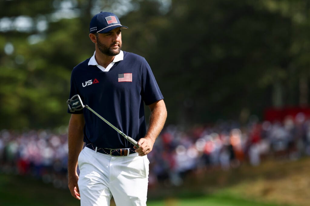 Scottie Scheffler of Team United States looks on at the 2025 Ryder Cup.