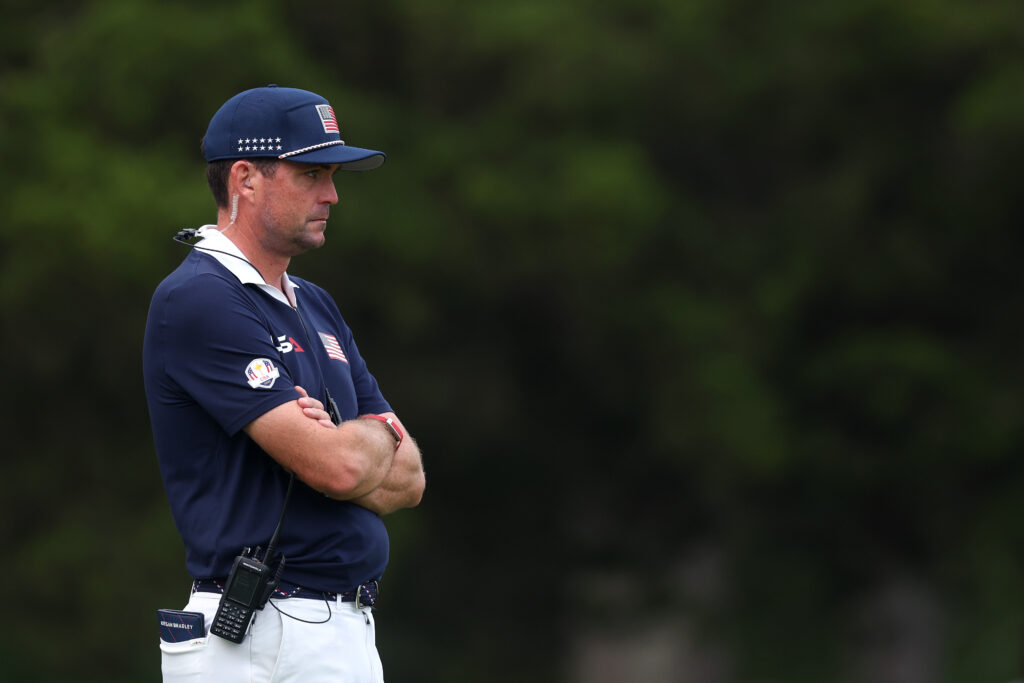 Keegan Bradley looks on during the Saturday afternoon session at the Ryder Cup