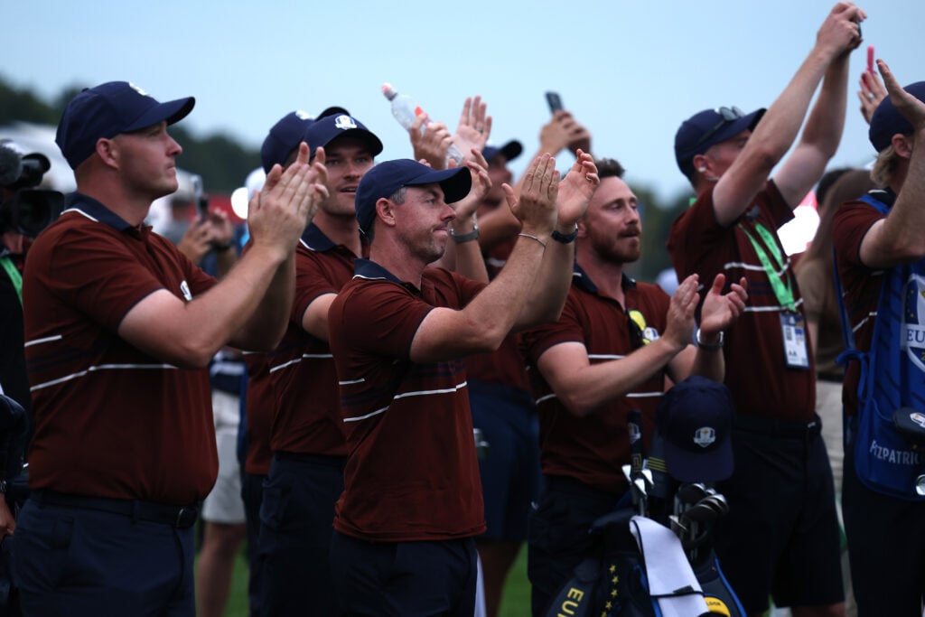 The European team celebrate with their fans after Saturday's matches at the Ryder Cup