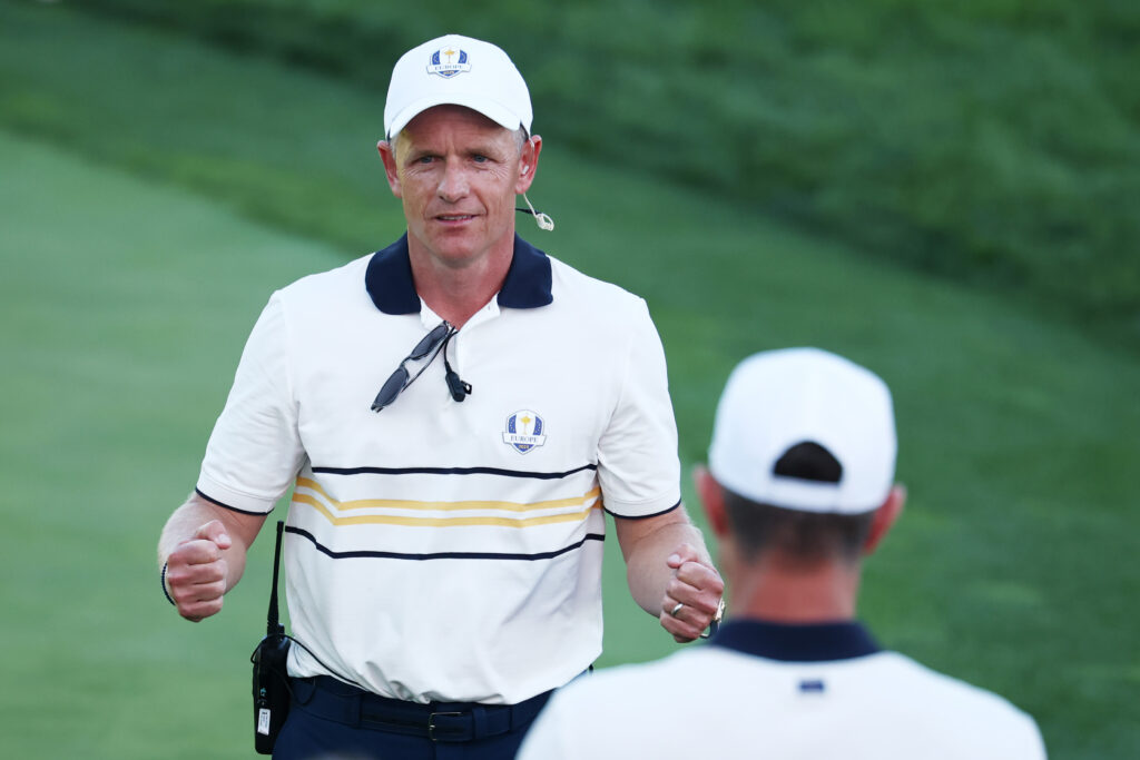 Luke Donald celebrates as Ludvig Aberg wins his singles match at the Ryder Cup