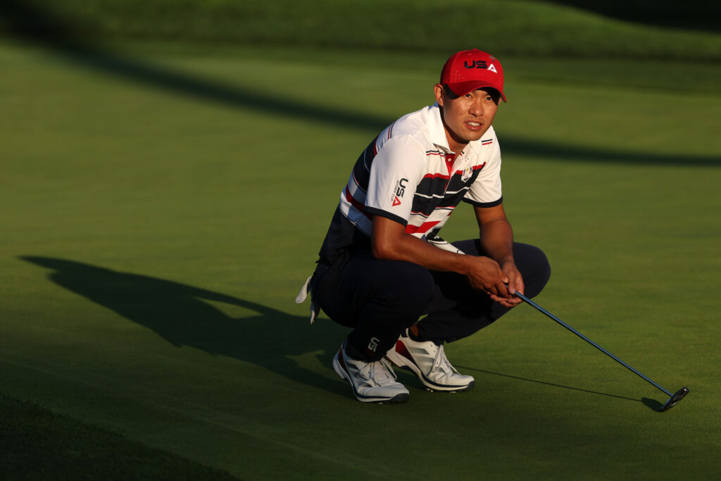 Collin Morikawa reacts on the 17th green during the Sunday singles matches of the 2025 Ryder Cup at Bethpage Black