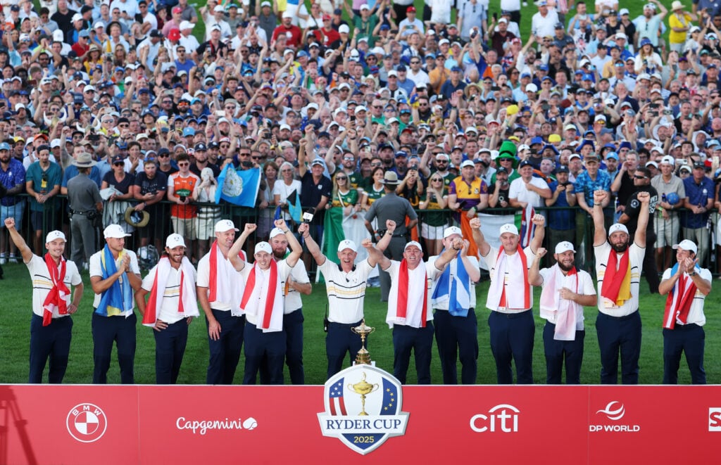 Team Europe celebrates their 15-13 win over Team America during the trophy presentation ceremony during the Sunday singles matches of the 2025 Ryder Cup