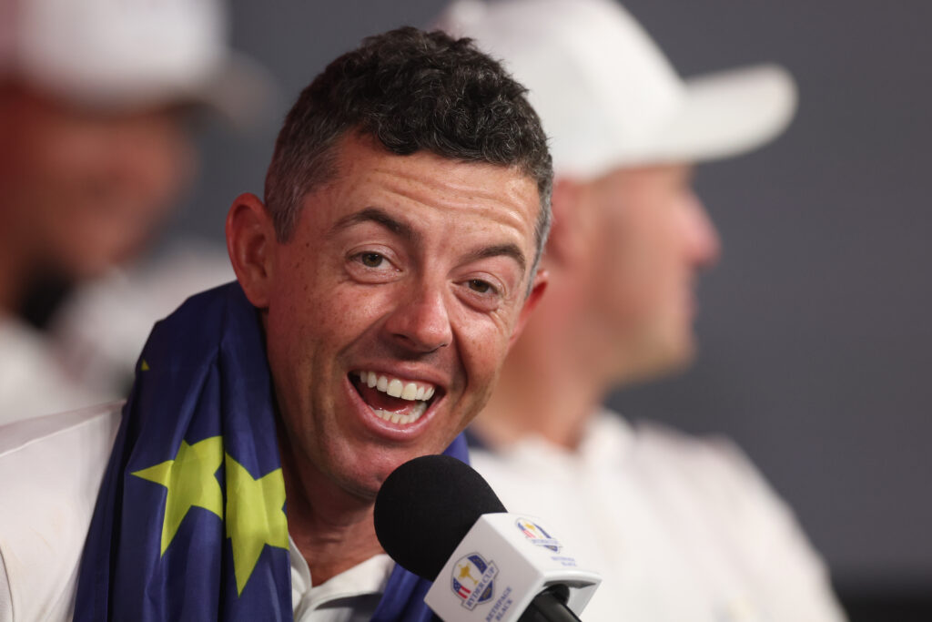 Rory McIlroy speaks to the media after the singles matches of the 2025 Ryder Cup at Bethpage Black