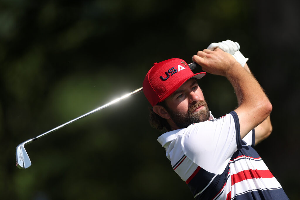 Cameron Young plays his shot from the third tee during the Sunday singles matches of the Ryder Cup at Bethpage Black