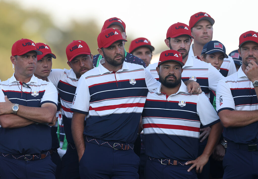 The US Ryder Cup team look on after losing at Bethpage