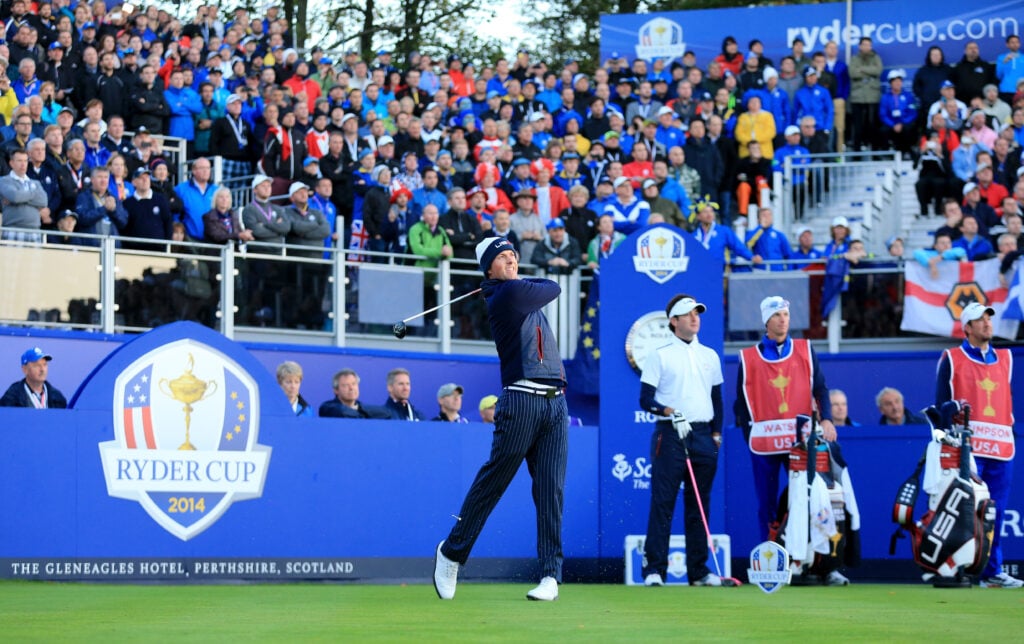 Webb Simpson hits the opening tee shot during the 2014 Ryder Cup