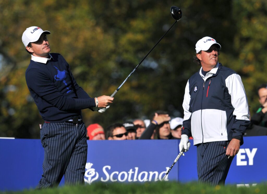 Keegan Bradley and Phil Mickelson in action during the first day of the 2014 Ryder Cup