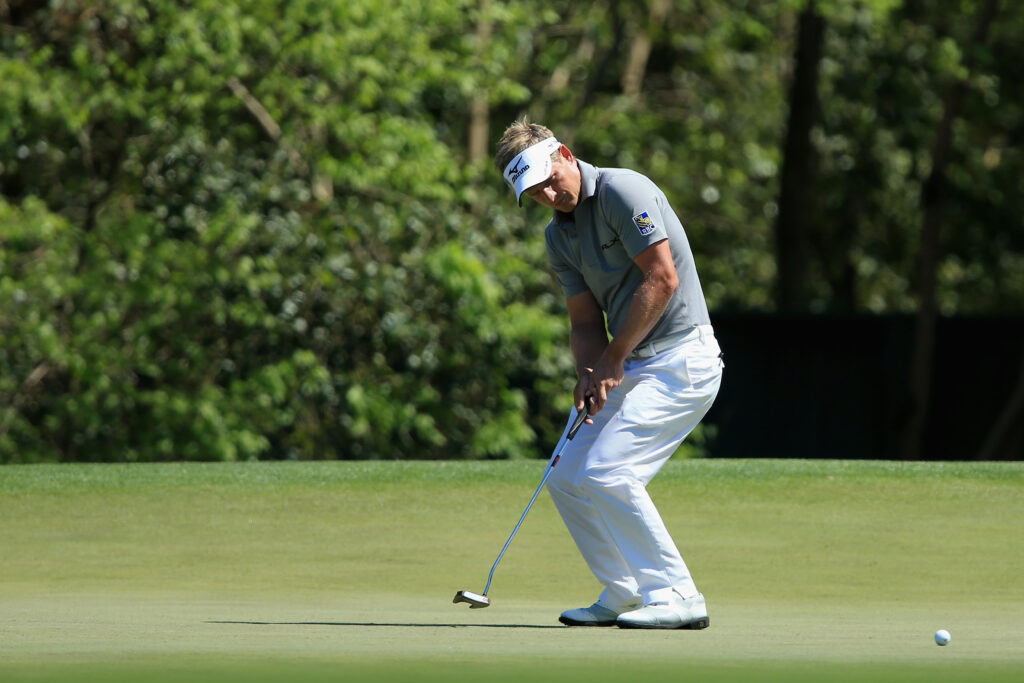 Luke Donald reacts to a missed putt during the first round of the 2014 Masters