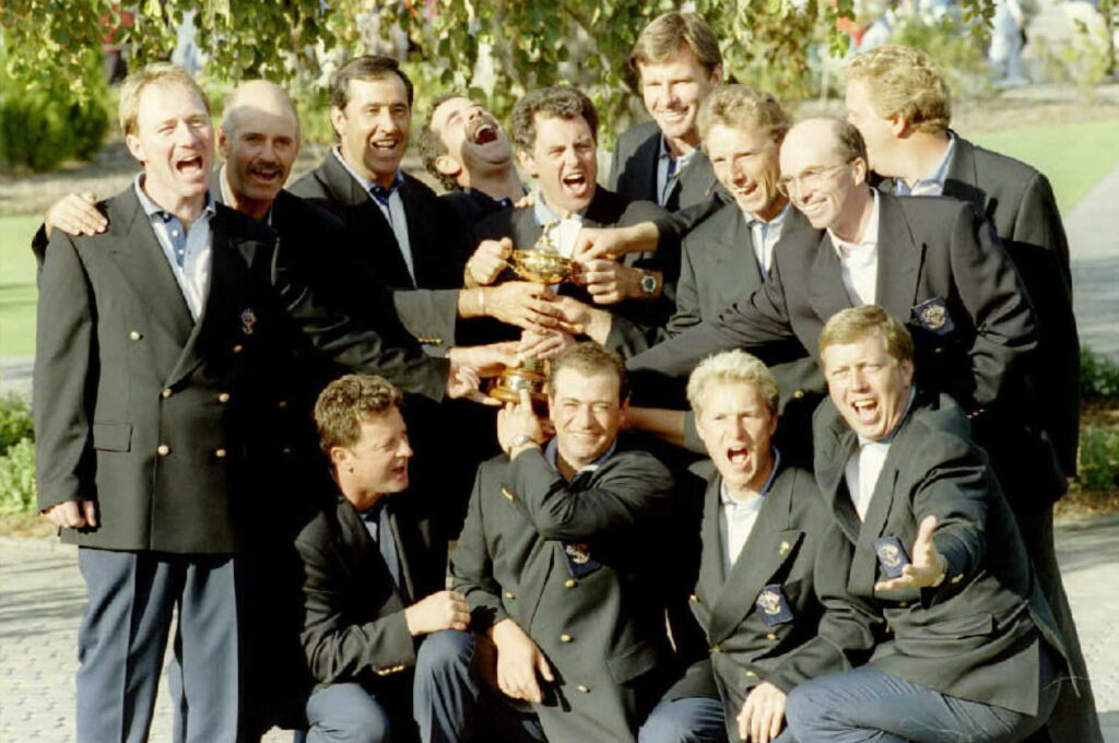 The European team celebrate winning the 1995 Ryder Cup