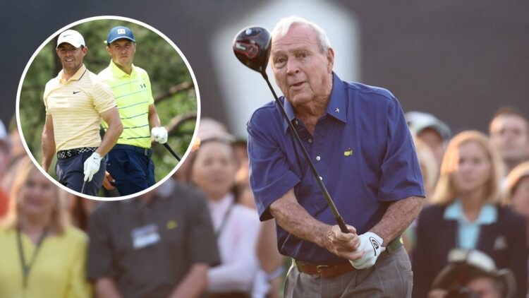 Arnold Palmer hits the first shot during the first round of the 2015 Masters at Augusta National Golf Club / Rory McIlroy and Jordan Spieth in acti...