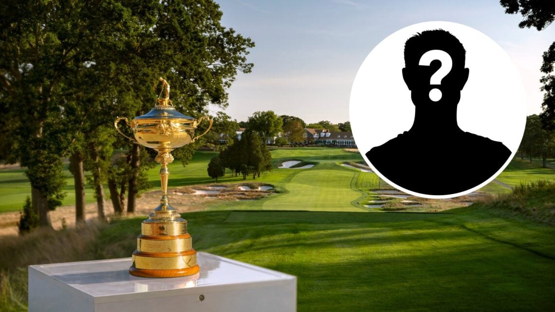 The Ryder Cup trophy is seen at the Bethpage Black Course host of the 2025 Ryder Cup (left) and a mystery person