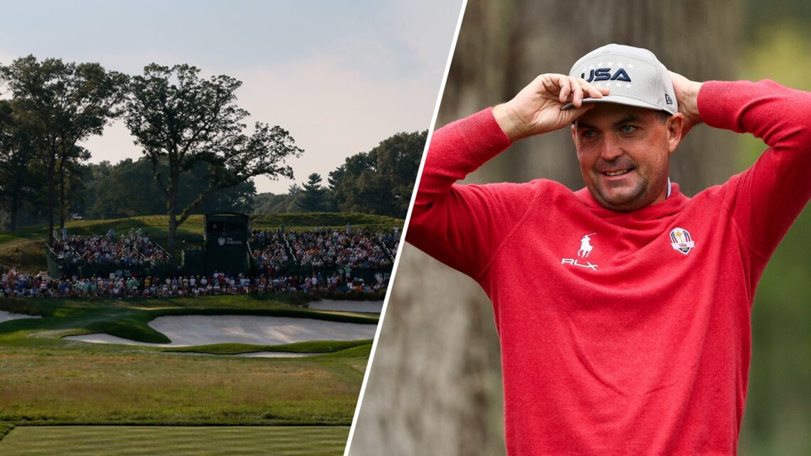 Split image of Bethpage Black hosting The Barclays in 2012 and Keegan Bradley looking on during a practice round before the 2025 Procore Championship