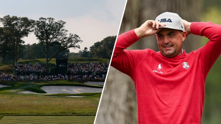 Split image of Bethpage Black hosting The Barclays in 2012 and Keegan Bradley looking on during a practice round before the 2025 Procore Championship