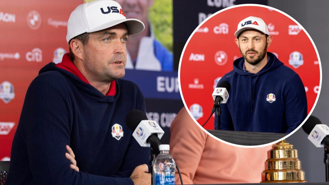 Keegan Bradley (left) and Patrick Cantlay (right) both speak to the media at a press conference before the 2025 Ryder Cup.