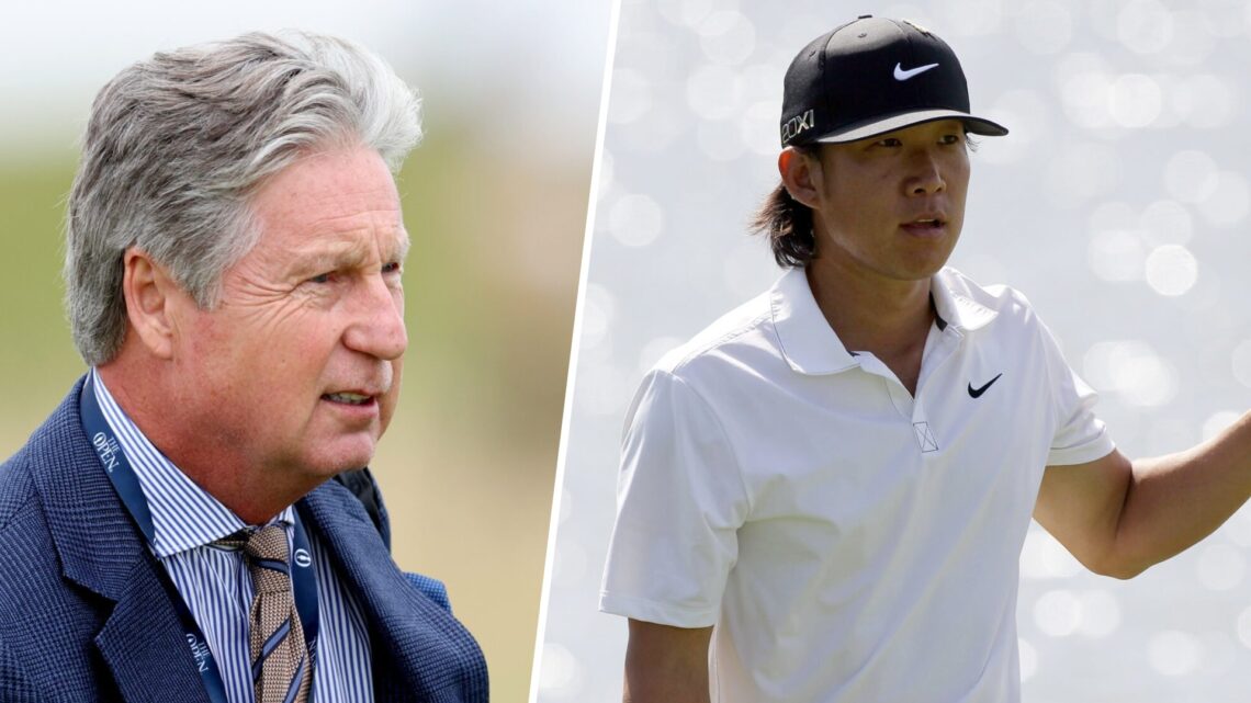 TV comentator Brandel Chamblee looks (left) and Anthony Kim acknowledges the crowd (right)