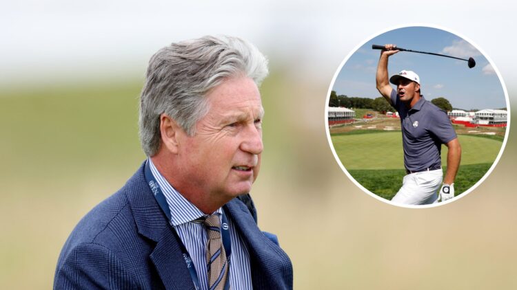 Brandel Chamblee at The Open at Royal Troon in 2024 / Bryson DeChambeau interacts with the crowd during a practice day at the Ryder Cup