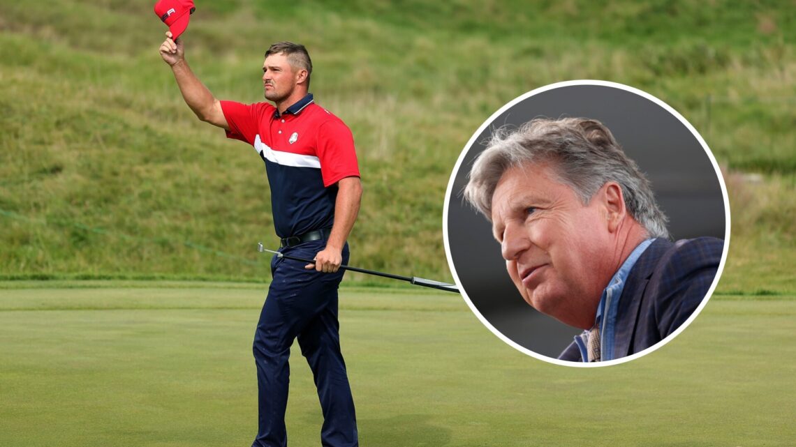 Bryson DeChambeau during the 2021 Ryder Cup, inset of Brandel Chamblee