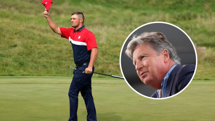 Bryson DeChambeau during the 2021 Ryder Cup, inset of Brandel Chamblee