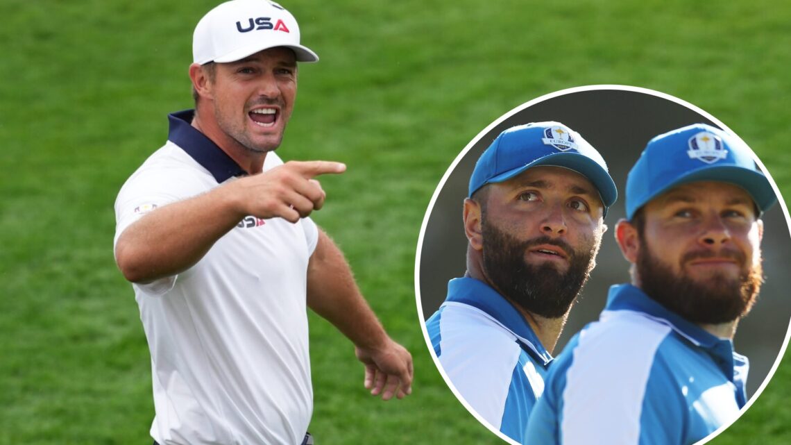 Bryson DeChambeau interacts with the crowd before the 2025 Ryder Cup (left) and Jon Rahm and Tyrrell Hatton look on at the 2023 Ryder Cup.