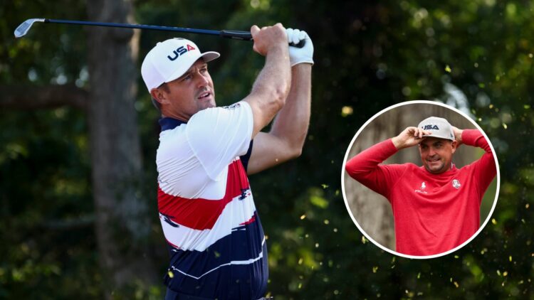 Bryson DeChambeau practices ahead of the 2025 Ryder Cup, inset Keegan Bradley looks on ahead of the 2025 Procore Championship