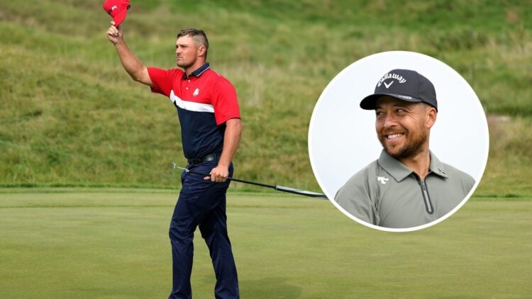 Bryson DeChambeau during the 2021 Ryder Cup, inset of Xander Schauffele
