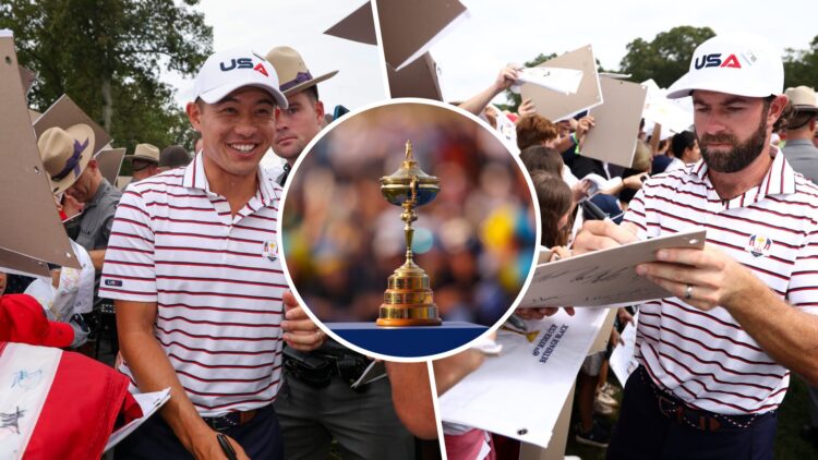 A split image of both Cam Young and Collin Morikawa at Bethpage Black, with an overlay of the Ryder Cup trophy