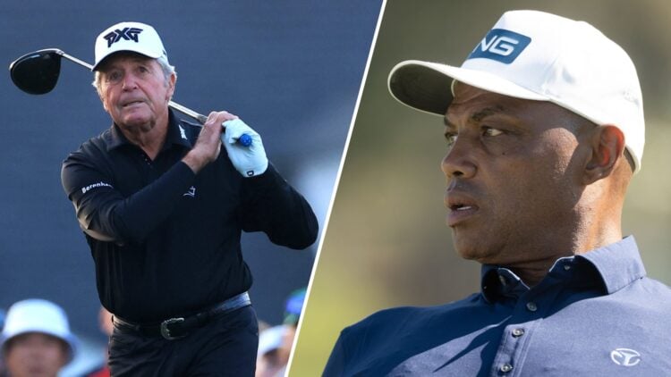 Split image of Gary Player playing at The Masters in 2025 and Charles Barkley reacting at the ACC Celebrity Golf Championship 2025