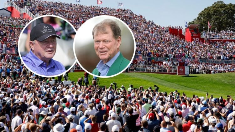 Bethpage Black image with insets of Ian Woosnam and Tom Watson